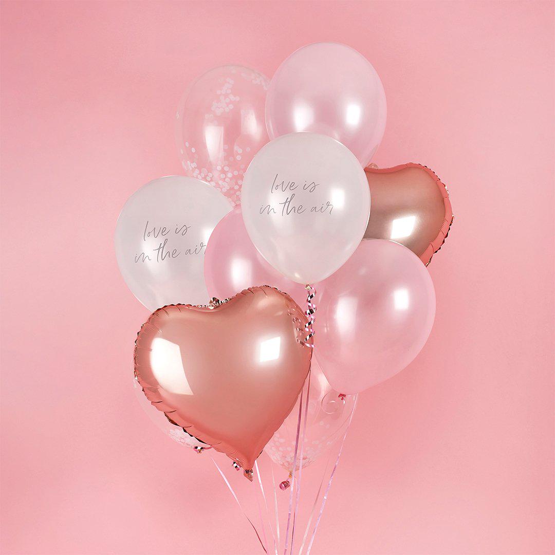 Love Is In The Air Balloon Bundle - Rose Gold Heart Foil & Pink Confetti Balloons - Valentine’s Day Decor - Engagement Party - Pack Of 12 - Jolie Fete UK