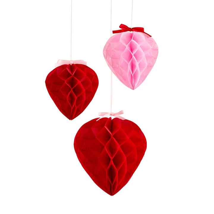 Pink & Red Heart Honeycombs With Satin Bows - Valentine’s Day Decor - Coquette Wedding - Galentine's Party - Pack Of 3 - Jolie Fete UK