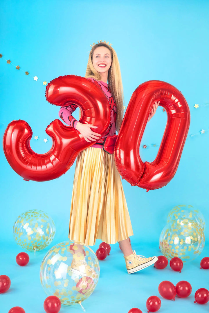 Red Foil Number 0 Balloon 86cm - Giant Metallic Zero Balloon - Birthday Party Decorations - Milestone Anniversary Age Balloon - Jolie Fete UK
