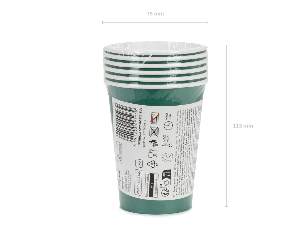 Green Paper Cups 250ml - Disposable Party Cups - Dark Green Tableware - Birthday Garden Party Supplies - Dinosaur Party - Pack of 6 - Jolie Fete UK