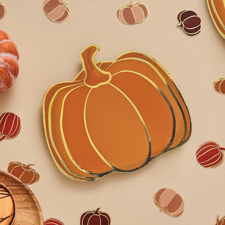Halloween Pumpkin Paper Plates - Pack of 8 - Gold Foil - Spooky Party Tableware - Small Orange Halloween Plates - Party Supplies - Jolie Fete UK