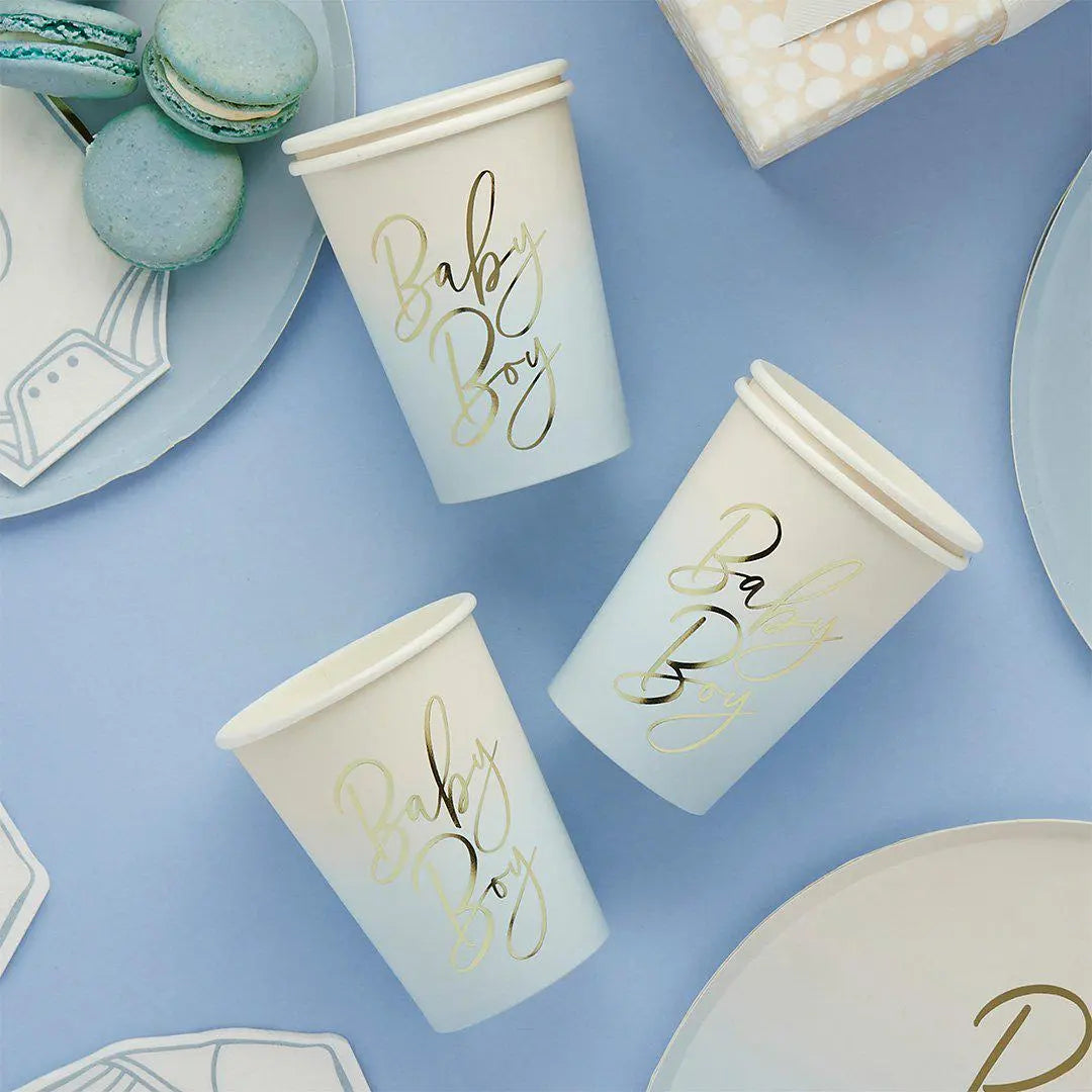Blue Baby Boy Paper Cups - Pack of 8 - Gold Foil Ombre - Baby Shower Party Tableware - Boy Baby Shower Cups - Disposable Cups - Jolie Fete UK