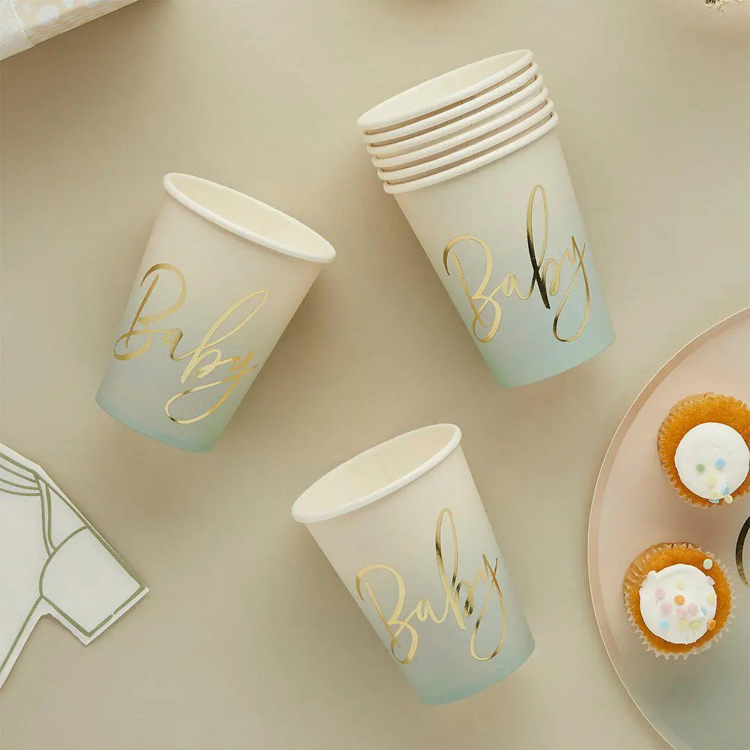 Sage Green Baby Shower Paper Cups with Gold Foil - Pack of 8 - Ombre Baby Party Tableware - Gender Neutral Shower - Green Baby Shower Cups - Jolie Fete UK