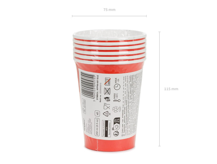 Red Paper Cups - Disposable Party Cups For Birthdays, Christmas, Valentine's - Classic Red Tableware - Circus Party Cups - 250ml - Pack of 6 - Jolie Fete UK
