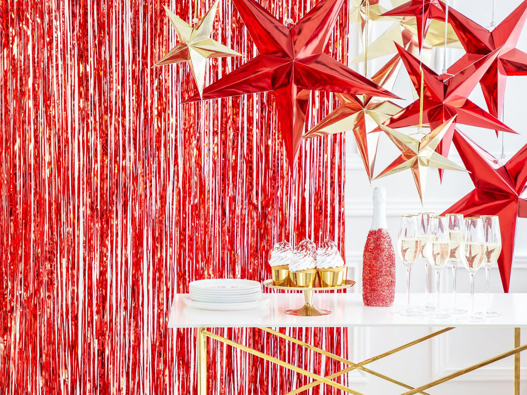 Red Foil Party Curtain 0.9 x 2.5m - Shimmer Fringe Backdrop - Birthday Party Decorations - Photo Booth Prop - Red Backdrop - Circus Party - Jolie Fete UK