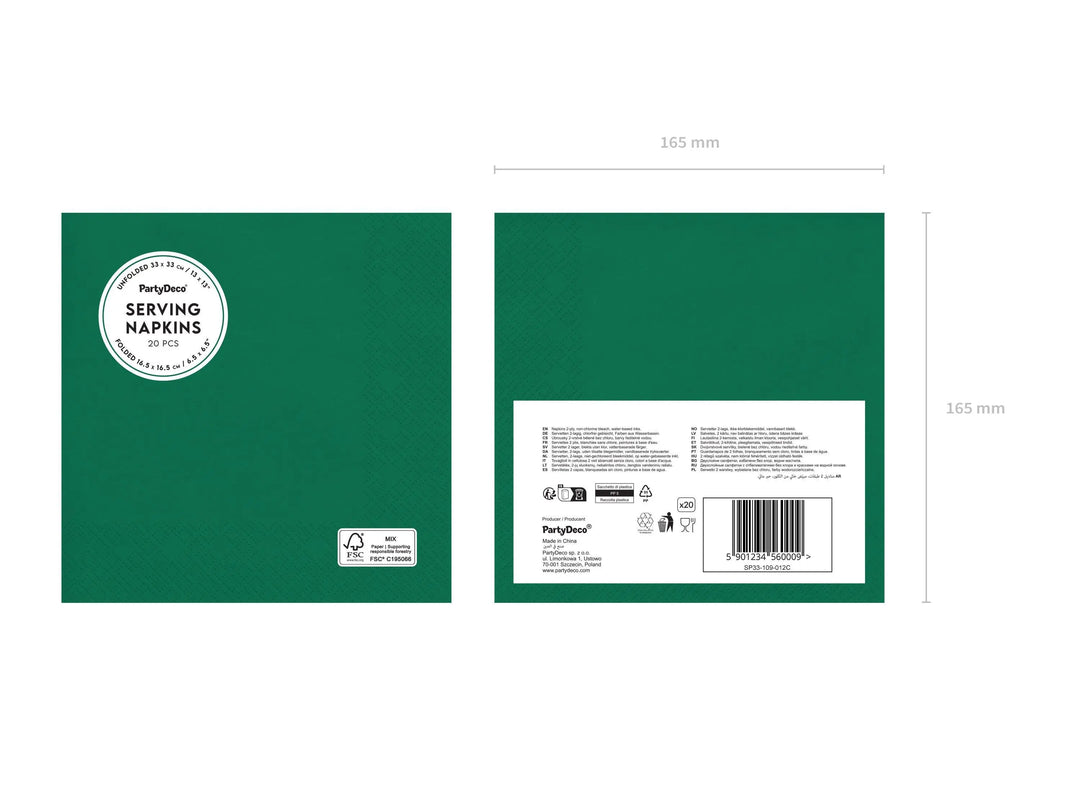 Green Paper Napkins 33x33cm - Pack of 20 - Party Tableware - Dark Green Dinner Napkins - Dinosaur Party - Green Party Supplies - Table Decor - Jolie Fete UK