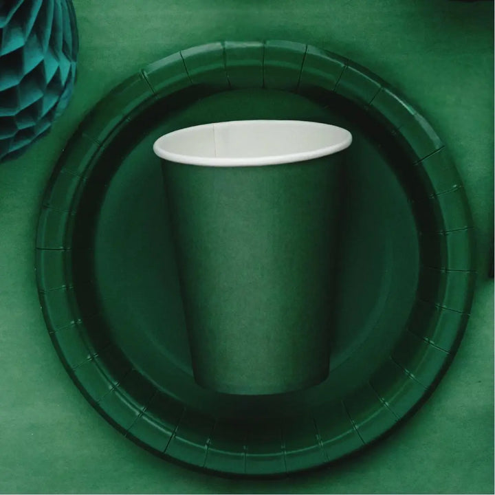 Green Paper Cups 250ml - Disposable Party Cups - Dark Green Tableware - Birthday Garden Party Supplies - Dinosaur Party - Pack of 6 - Jolie Fete UK
