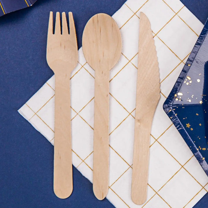 Wooden Cutlery Set - Woodland Theme - 18pc Knife Fork Spoon - Eco Friendly Party Tableware - Rustic Nature Birthday - Disposable Cutlery - Jolie Fete UK