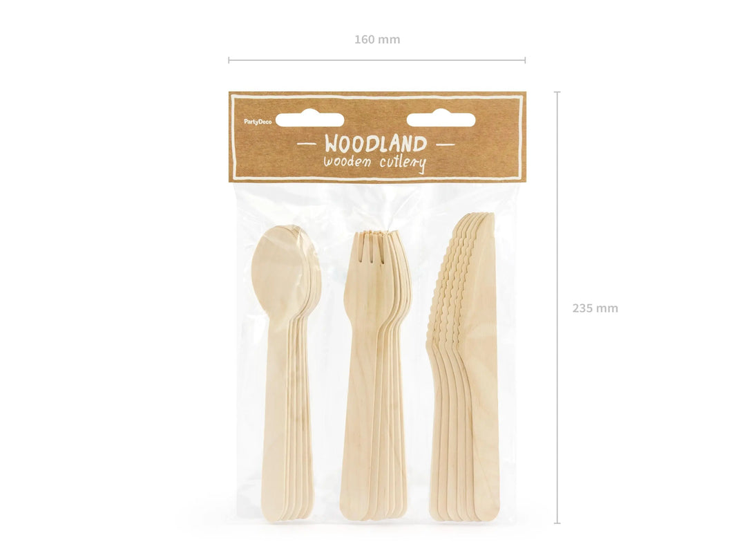 Wooden Cutlery Set - Woodland Theme - 18pc Knife Fork Spoon - Eco Friendly Party Tableware - Rustic Nature Birthday - Disposable Cutlery - Jolie Fete UK