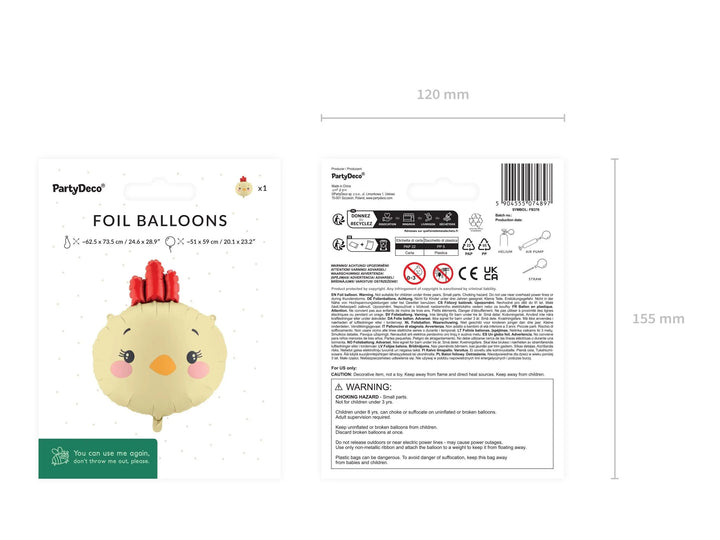Chicken Balloon - Foil Farm Animal Party Balloon - Yellow & Red Chick - Easter Balloon Decoration - Kids Birthday - Farmyard Party - 51x59cm - Jolie Fete UK