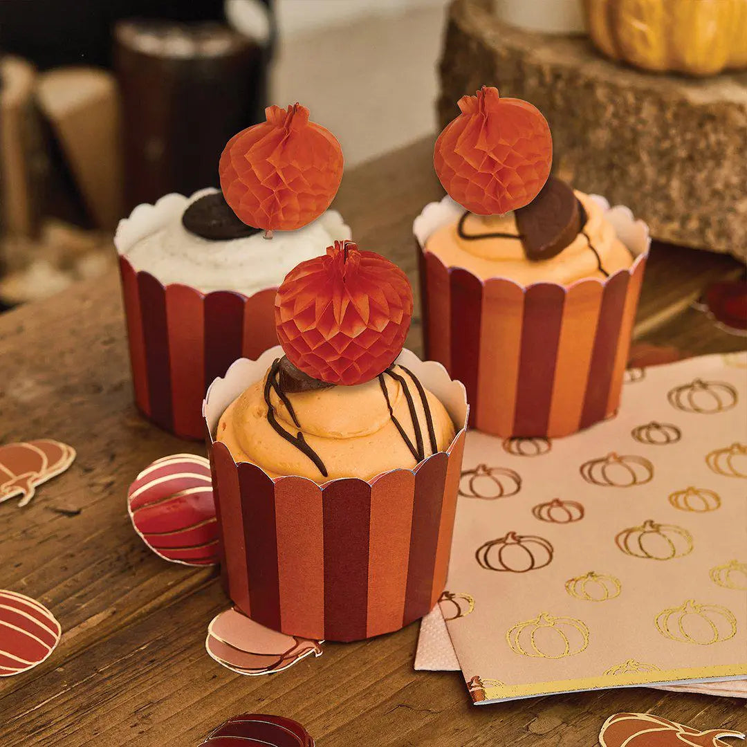Pumpkin Honeycomb Food Picks & Food Cup Set - Halloween Party Decorations - Trick or Treat Table Decor - Pack of 10 - Halloween Cup Cakes - Jolie Fete UK