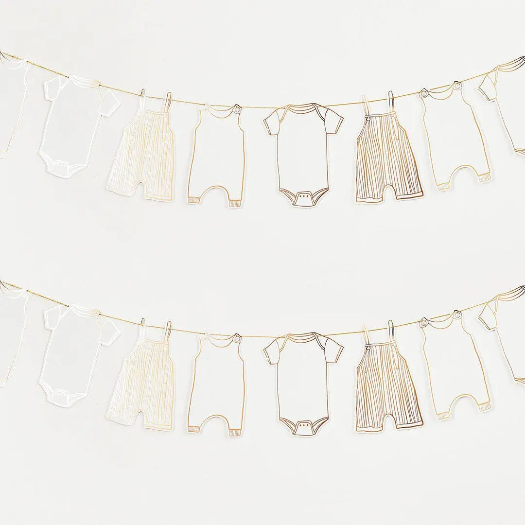 Gold Babygrow Garland Baby Shower Decoration - Card Foil Bunting - 2.5m - Neutral New Baby Party Decor - Baby Shower Bunting - Gender Reveal - Jolie Fete UK