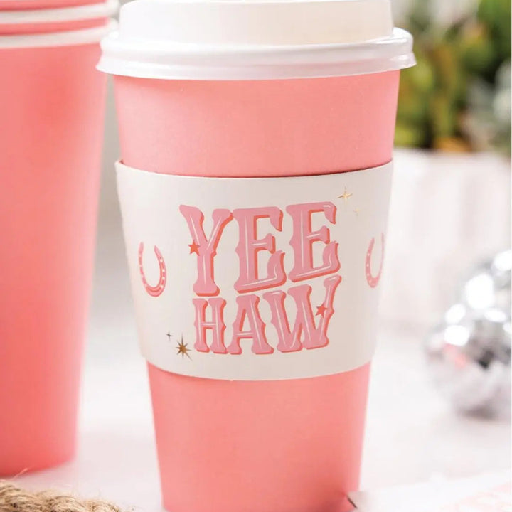 Cow Gal To-Go Cups - Cowgirl Paper Cups with Lids & Sleeves - Western Birthday Party Supplies - Hen Party Cups - Last Rodeo - 16oz-Pack of 8 - Jolie Fete UK