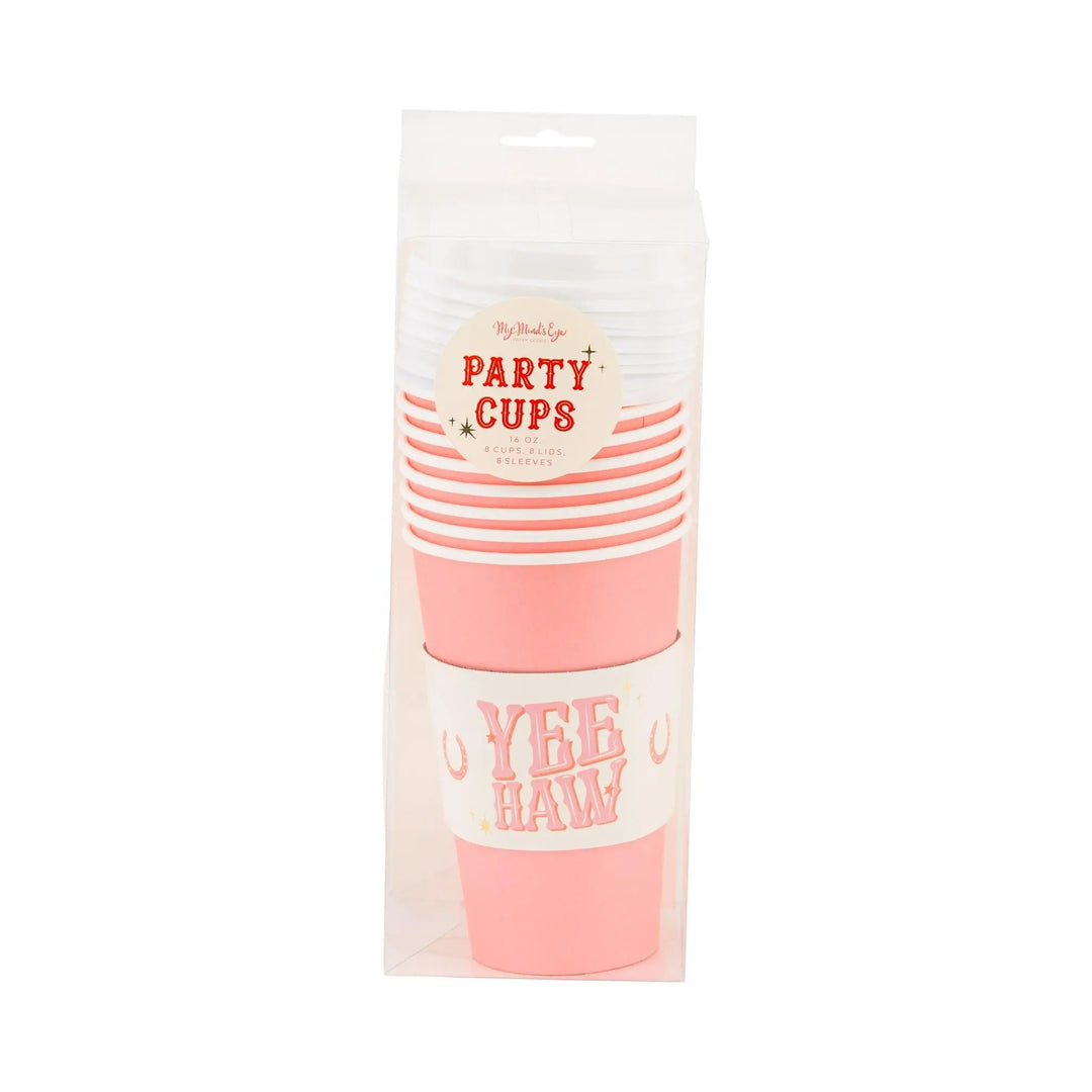 Cow Gal To-Go Cups - Cowgirl Paper Cups with Lids & Sleeves - Western Birthday Party Supplies - Hen Party Cups - Last Rodeo - 16oz-Pack of 8 - Jolie Fete UK