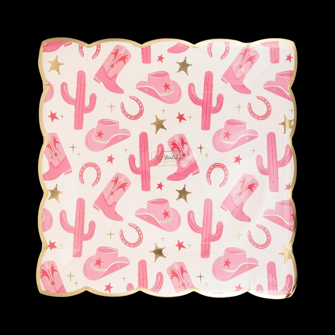 Cow Gal Paper Plates - Square Pink Cowgirl Party Plates - Last Rodeo Hen Party - Western Birthday Party Tableware - 9 Inch - Pack of 8 - Jolie Fete UK