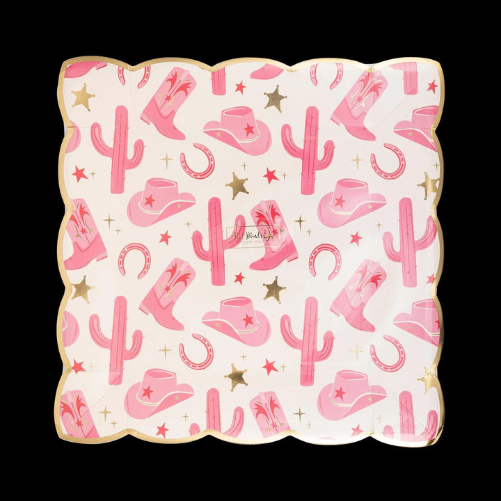 Cow Gal Paper Plates - Square Pink Cowgirl Party Plates - Last Rodeo Hen Party - Western Birthday Party Tableware - 9 Inch - Pack of 8 - Jolie Fete UK