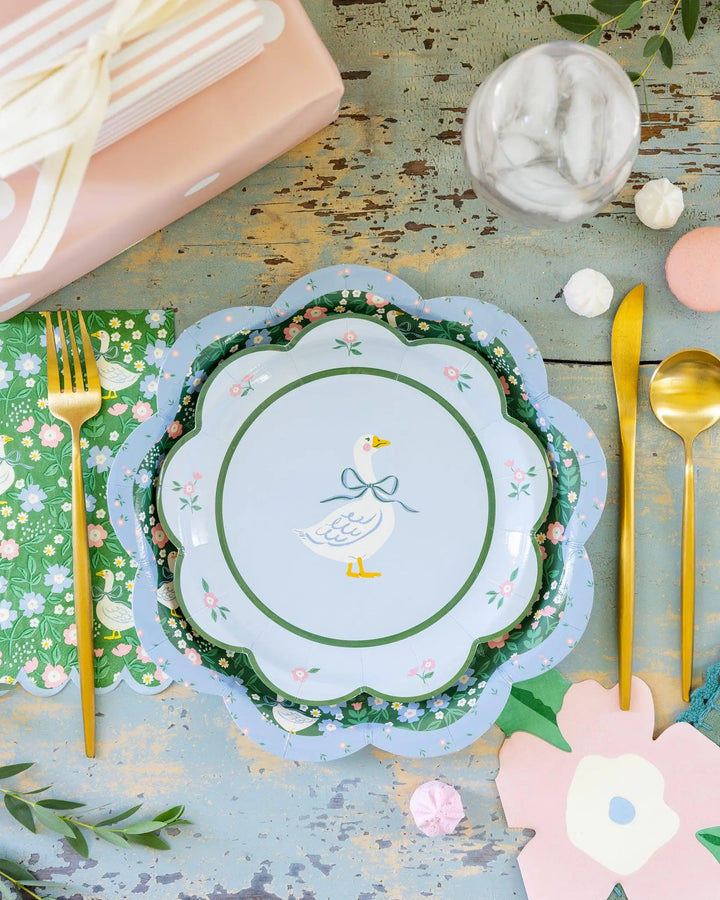 Goose Pattern Plate - One Silly Goose Paper Plates - Spring Party Tableware - Scalloped Edge Plates - Easter Garden Party Decor - Pack of 8 - Jolie Fete UK