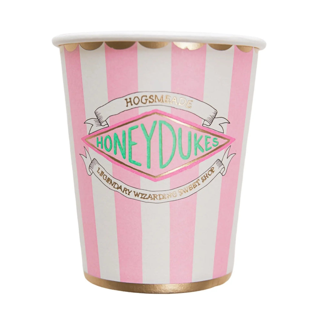 Harry Potter Honeydukes Party Cups - Officially Licensed Pink Stripe Gold Foil Paper Cups - Hogwarts Birthday Party Tableware - Pack of 8 - Jolie Fete UK
