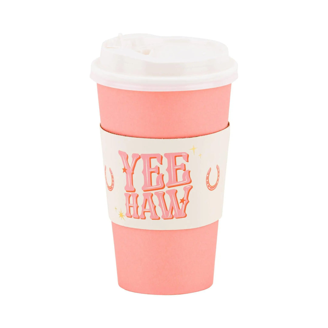 Cow Gal To-Go Cups - Cowgirl Paper Cups with Lids & Sleeves - Western Birthday Party Supplies - Hen Party Cups - Last Rodeo - 16oz-Pack of 8 - Jolie Fete UK