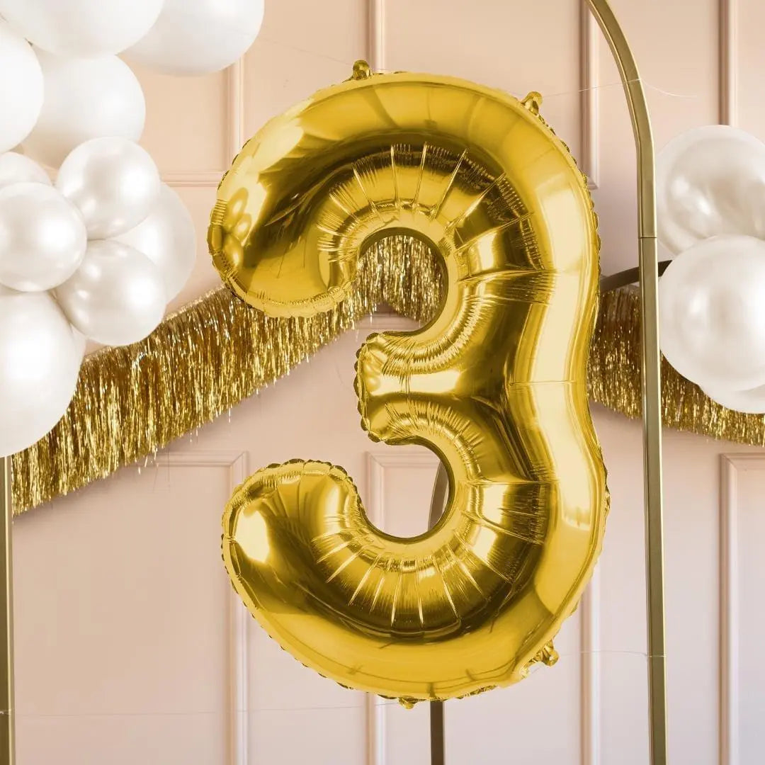Gold Number 3 Balloon - Large Gold Foil 3 balloon - Birthday Balloon - Party Decorations - 72cm Balloon - 30" Balloon - Jolie Fete UK