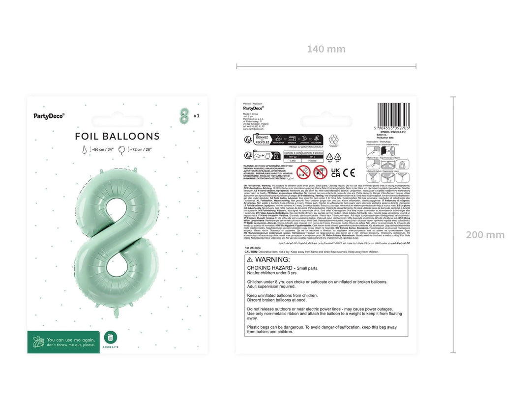 Pastel Green Number 8 Balloon - Large Light Mint Green Foil 8 balloon - Birthday Balloon - Party Decorations - 72cm Balloon - 30" Balloon - Jolie Fete UK