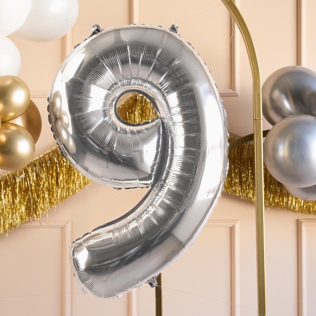 Silver Number 9 Balloon - Large Silver Foil 9 balloon - Birthday Balloon - Party Decorations - 72cm Balloon - 30" Balloon - Jolie Fete UK