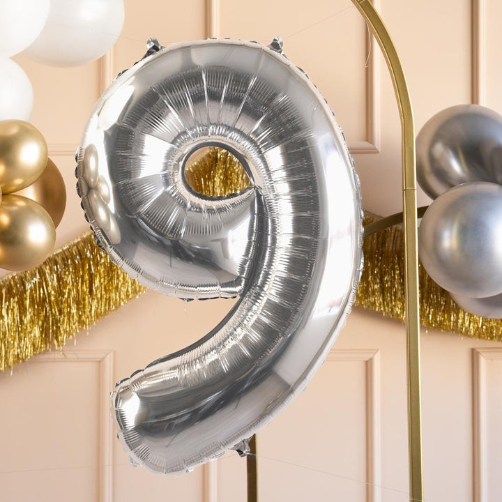 Silver Number 9 Balloon - Large Silver Foil 9 balloon - Birthday Balloon - Party Decorations - 72cm Balloon - 30" Balloon - Jolie Fete UK