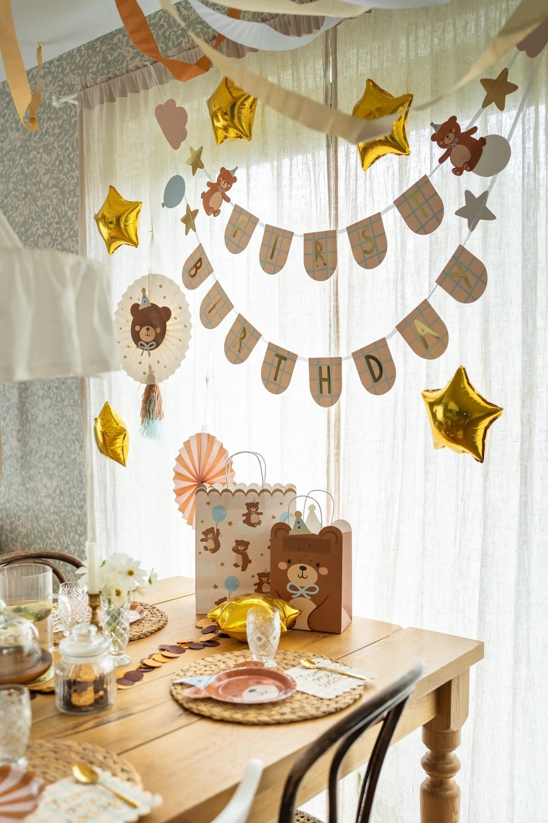 Teddy Bear Gift Bag - Large Scalloped Edge Party Bag - Neutral Cream With Brown Bears & Blue Balloons - We Can Bearly Wait Baby Shower -32cm - Jolie Fete UK