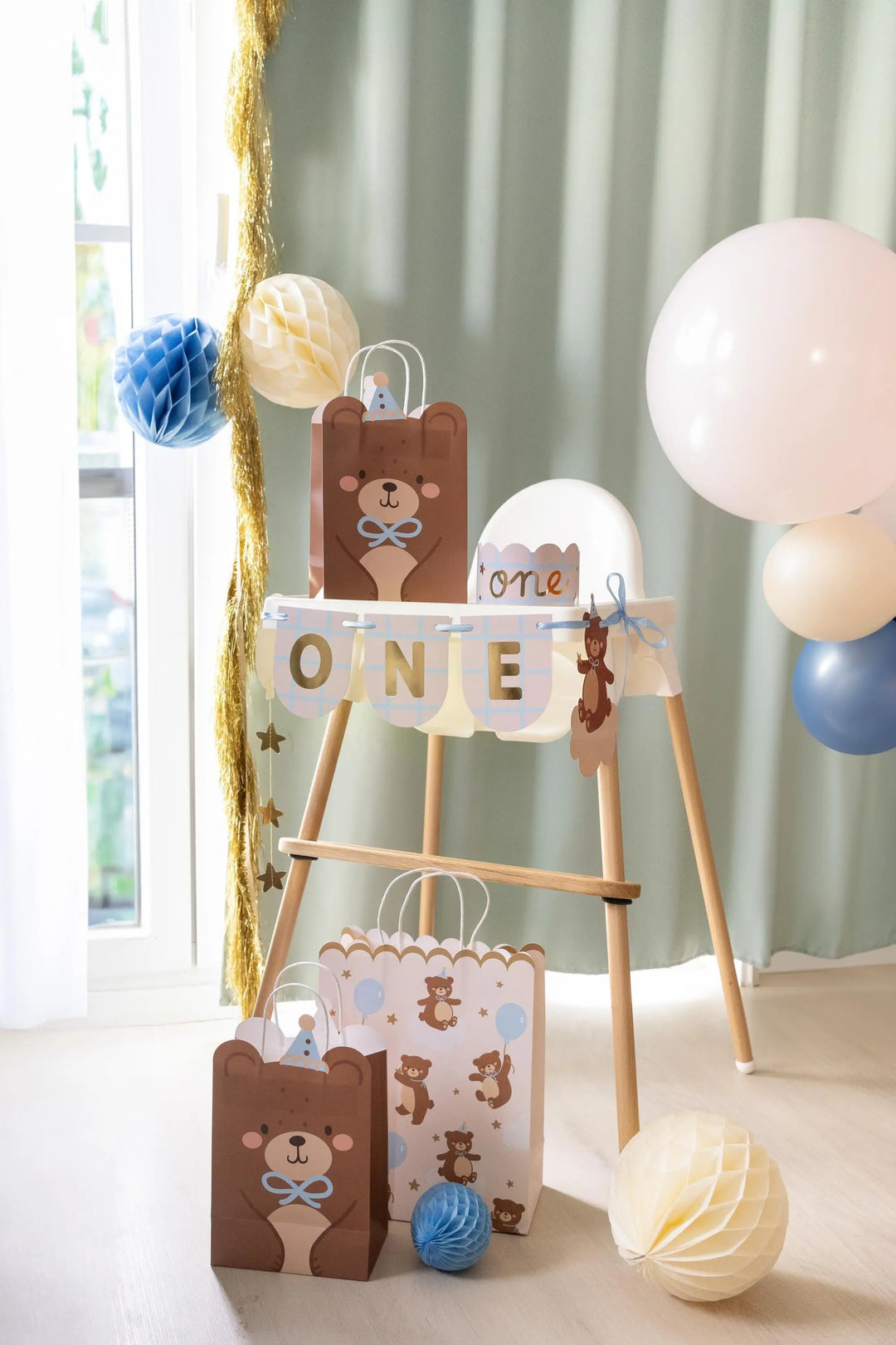 Teddy Bear Gift Bag - Large Scalloped Edge Party Bag - Neutral Cream With Brown Bears & Blue Balloons - We Can Bearly Wait Baby Shower -32cm - Jolie Fete UK