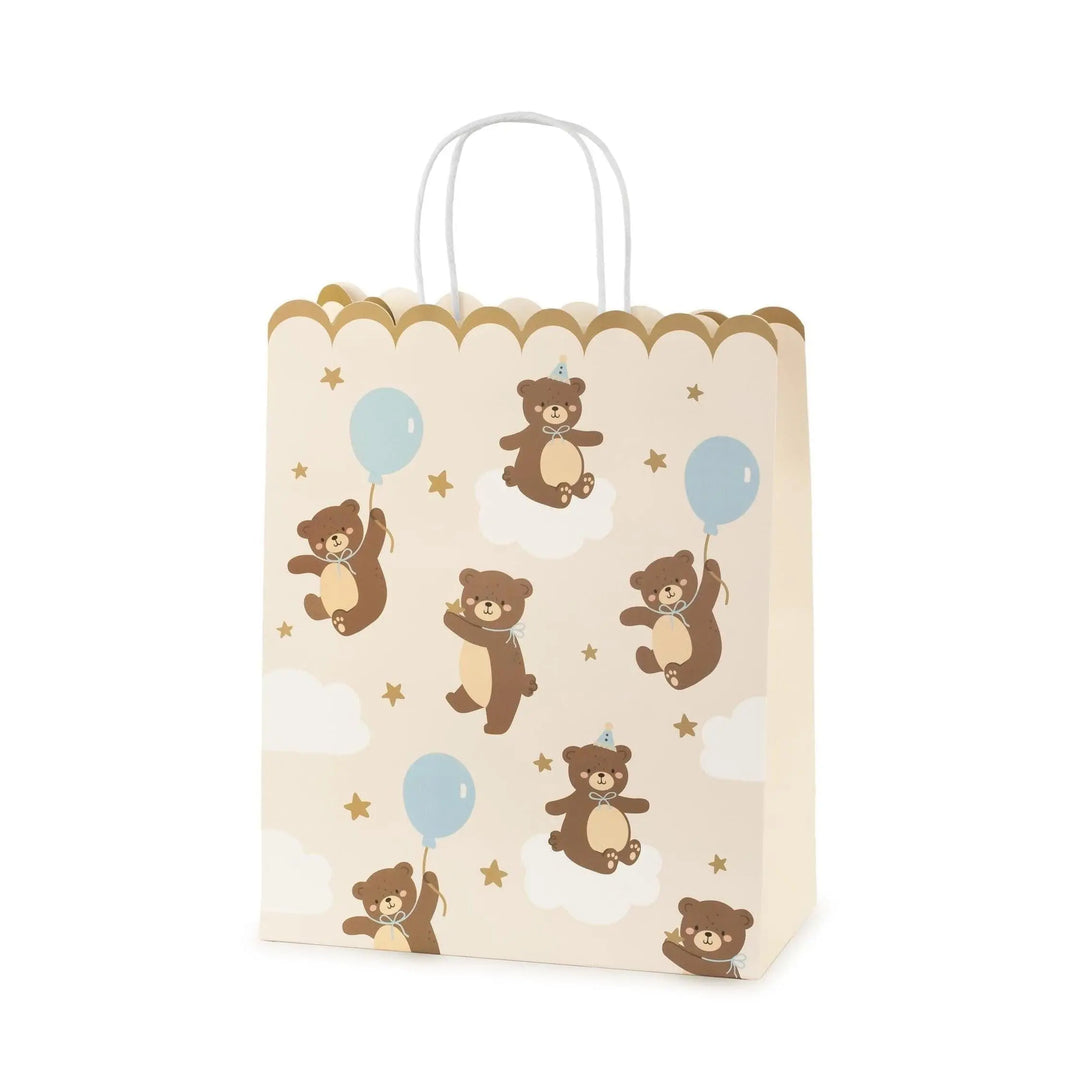 Teddy Bear Gift Bag - Large Scalloped Edge Party Bag - Neutral Cream With Brown Bears & Blue Balloons - We Can Bearly Wait Baby Shower -32cm - Jolie Fete UK