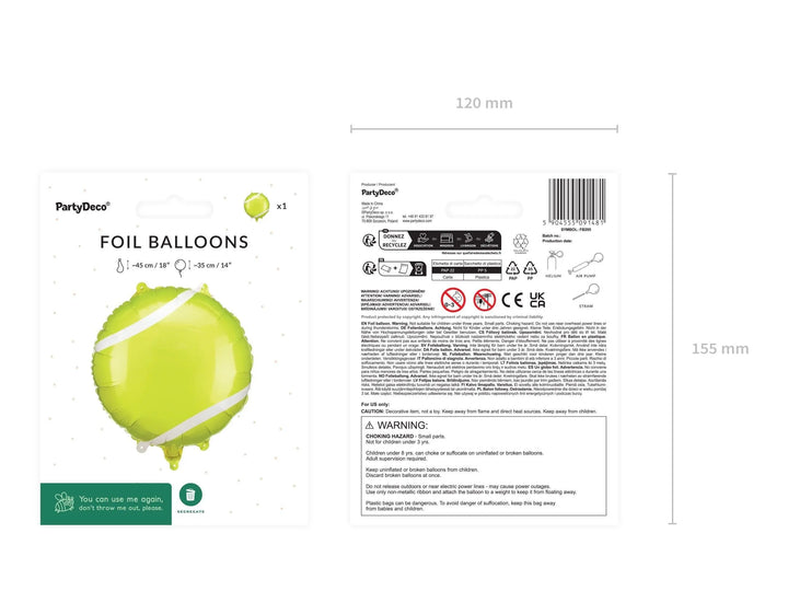 Tennis Ball Balloon - Large Yellow Tennis Ball Foil Balloon - Air Or Helium Fill - Sports Party - Wimbledon Theme - Kids Party Supplies - Jolie Fete UK