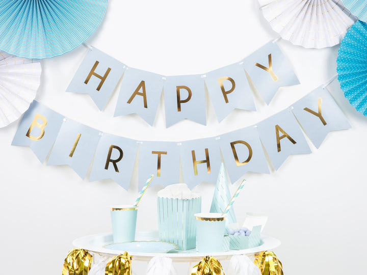 Happy Birthday Banner - Blue Birthday Party Bunting - Pastel Blue Garland - Boys Birthday Party Decorations - Blue & Gold Party Decor - DIY - Jolie Fete UK