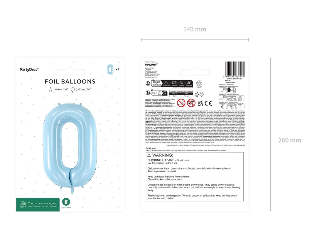 Light Blue Number 0 Balloon - Large Baby Blue Foil 0 balloon - Birthday Balloon - Party Decorations - 72cm Balloon - 30" Balloon - Jolie Fete UK