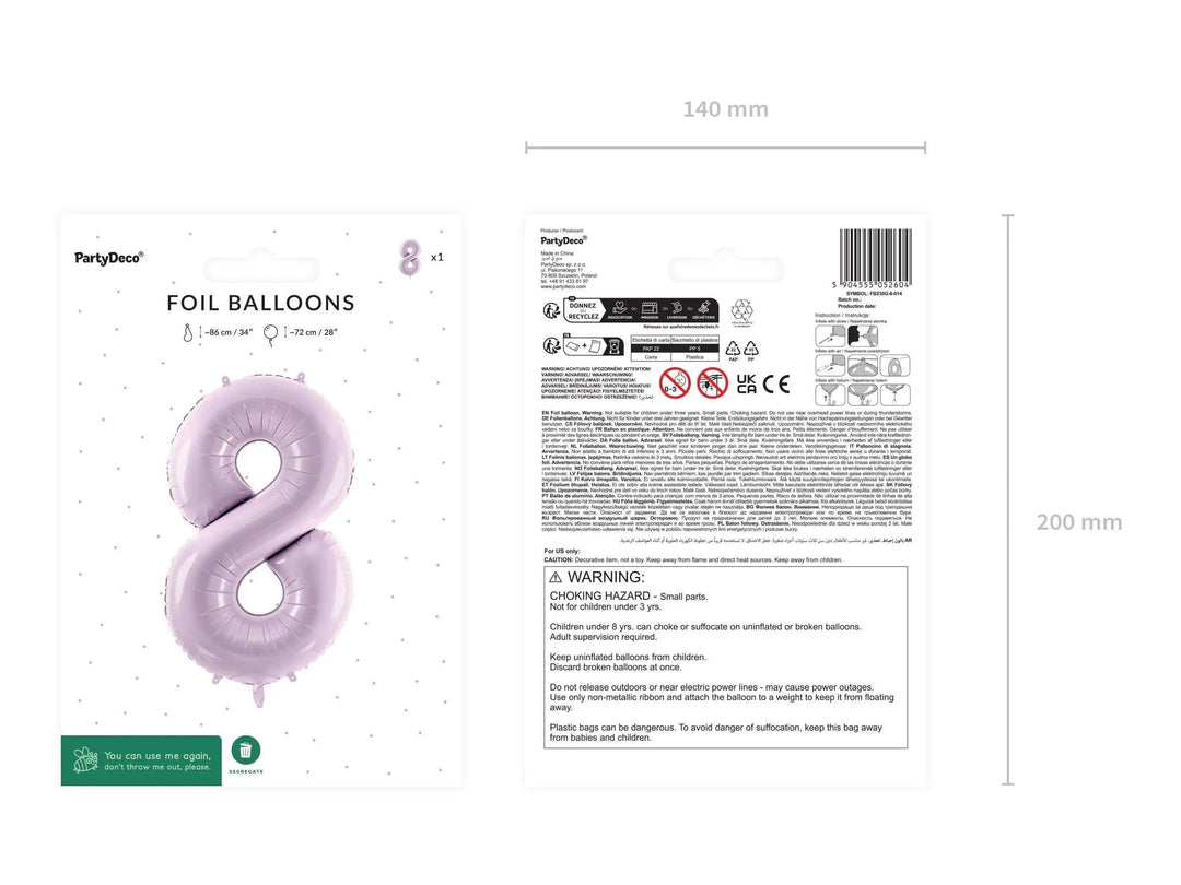 Lilac Number 8 Balloon 72cm / 30" - Large Pastel Purple Foil Mylar Digit - 18th Birthday Decor - 80th - Anniversary Party Supplies - Mermaid - Jolie Fete UK