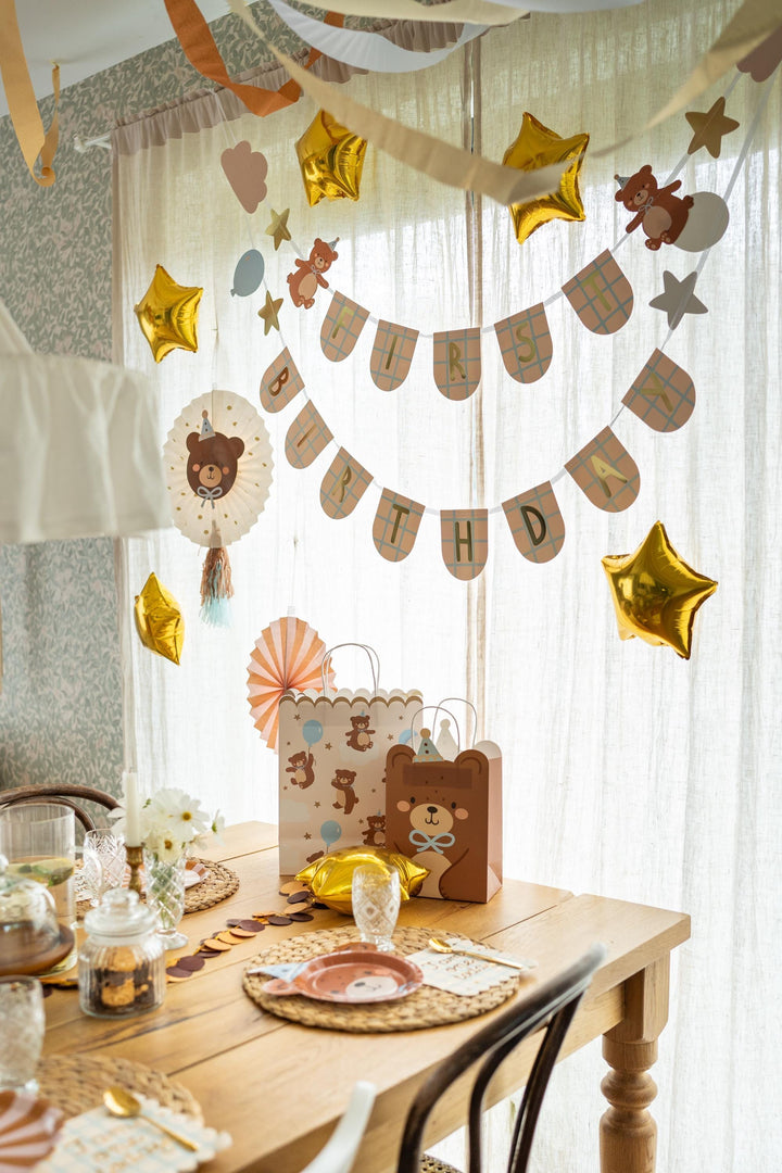 Teddy Bear Gift Bag With Ears - Medium Party Bag - Brown Bear With Blue Hat & Bow-1st Birthday Party Bag-We Can Bearly Wait Baby Shower-29cm - Jolie Fete UK