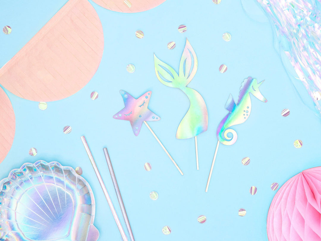 Mermaid Cake Toppers - Mermaid Theme - Under the Sea Party - Star Topper - Mermaid Tail - Seahorse - Kids Birthday Party - Pack Of 3 - Jolie Fete UK