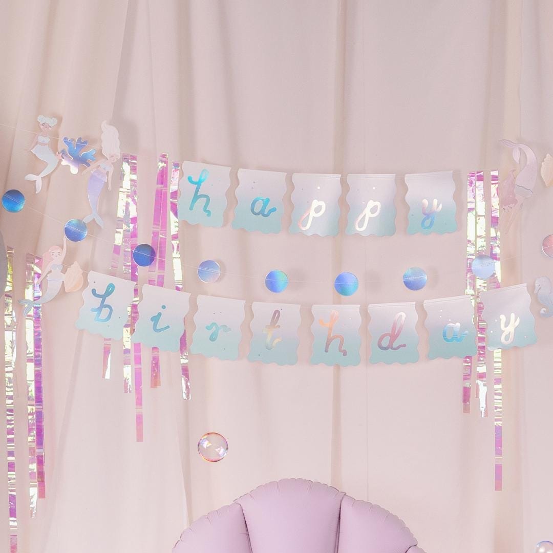 Mermaid Happy Birthday Banner - Iridescent Party Bunting Backdrop - Iridescent Mermaid Party Supplies - Dive Into Five - Under the sea - Jolie Fete UK