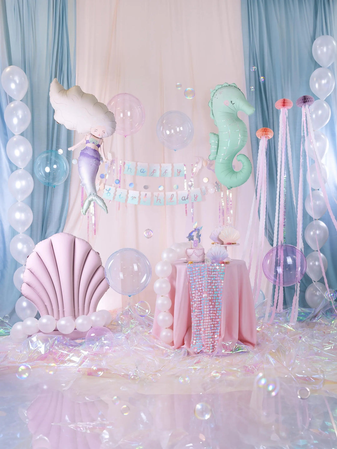 Mermaid Happy Birthday Banner - Iridescent Party Bunting Backdrop - Iridescent Mermaid Party Supplies - Dive Into Five - Under the sea - Jolie Fete UK