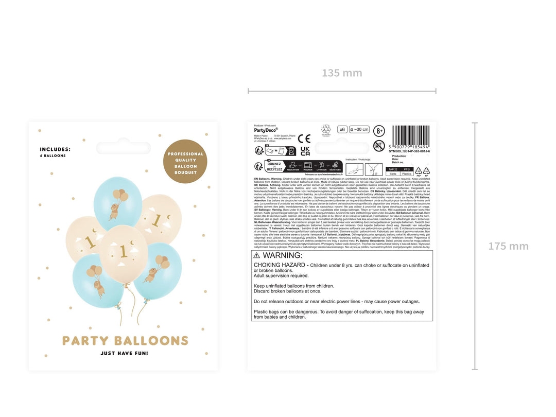 Mice 1st Birthday Balloons - Pastel Blue and Beige Balloon Bundle - Storybook Party - Neutral Milestone - One Little Mouse - Pack Of 6 - Jolie Fete UK