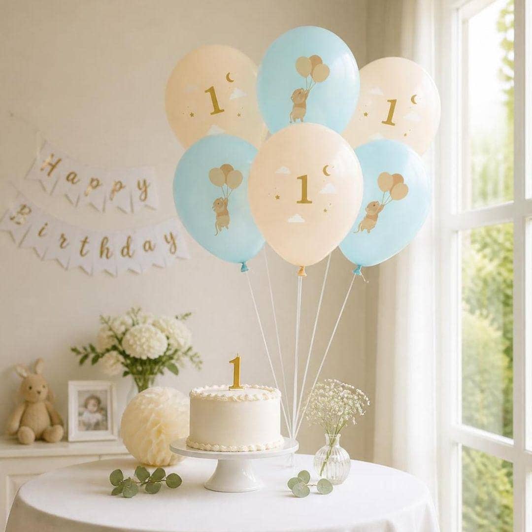 Mice 1st Birthday Balloons - Pastel Blue and Beige Balloon Bundle - Storybook Party - Neutral Milestone - One Little Mouse - Pack Of 6 - Jolie Fete UK
