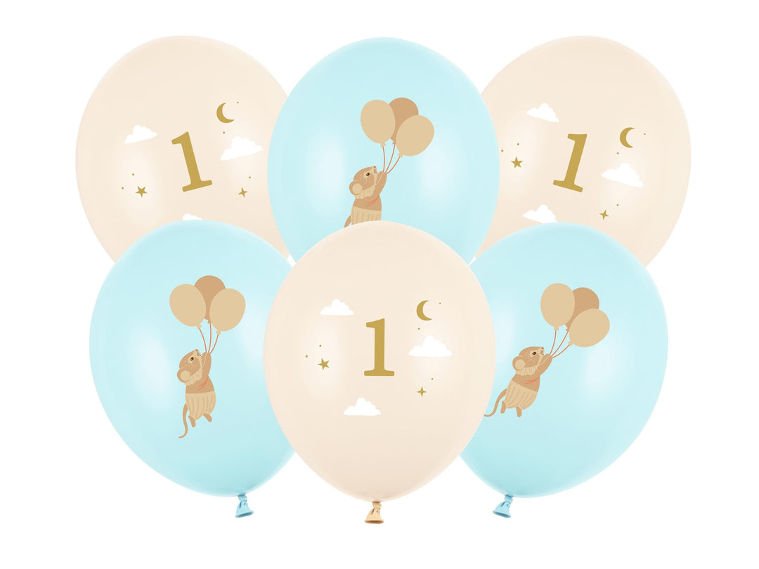Mice 1st Birthday Balloons - Pastel Blue and Beige Balloon Bundle - Storybook Party - Neutral Milestone - One Little Mouse - Pack Of 6 - Jolie Fete UK