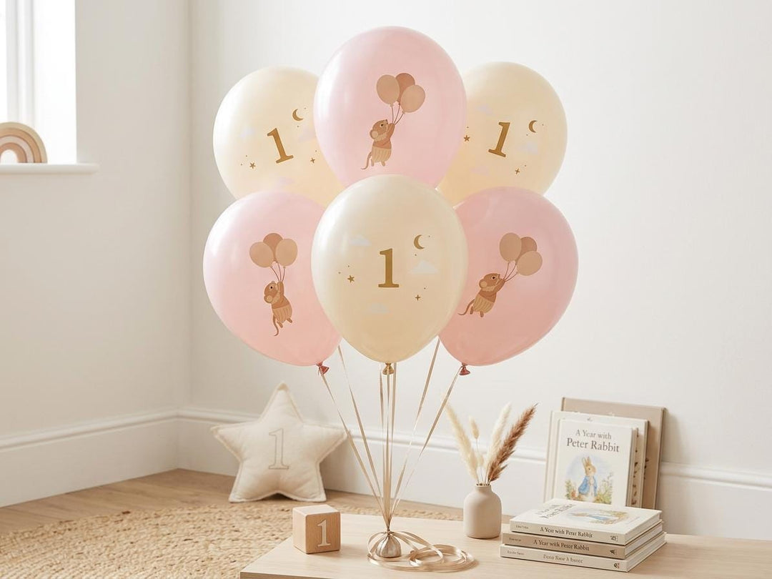 Mice 1st Birthday Balloons - Pastel Pink and Beige Balloon Cluster - Whimsical Party Decor - Neutral Milestone - One Little Mouse -Pack Of 6 - Jolie Fete UK