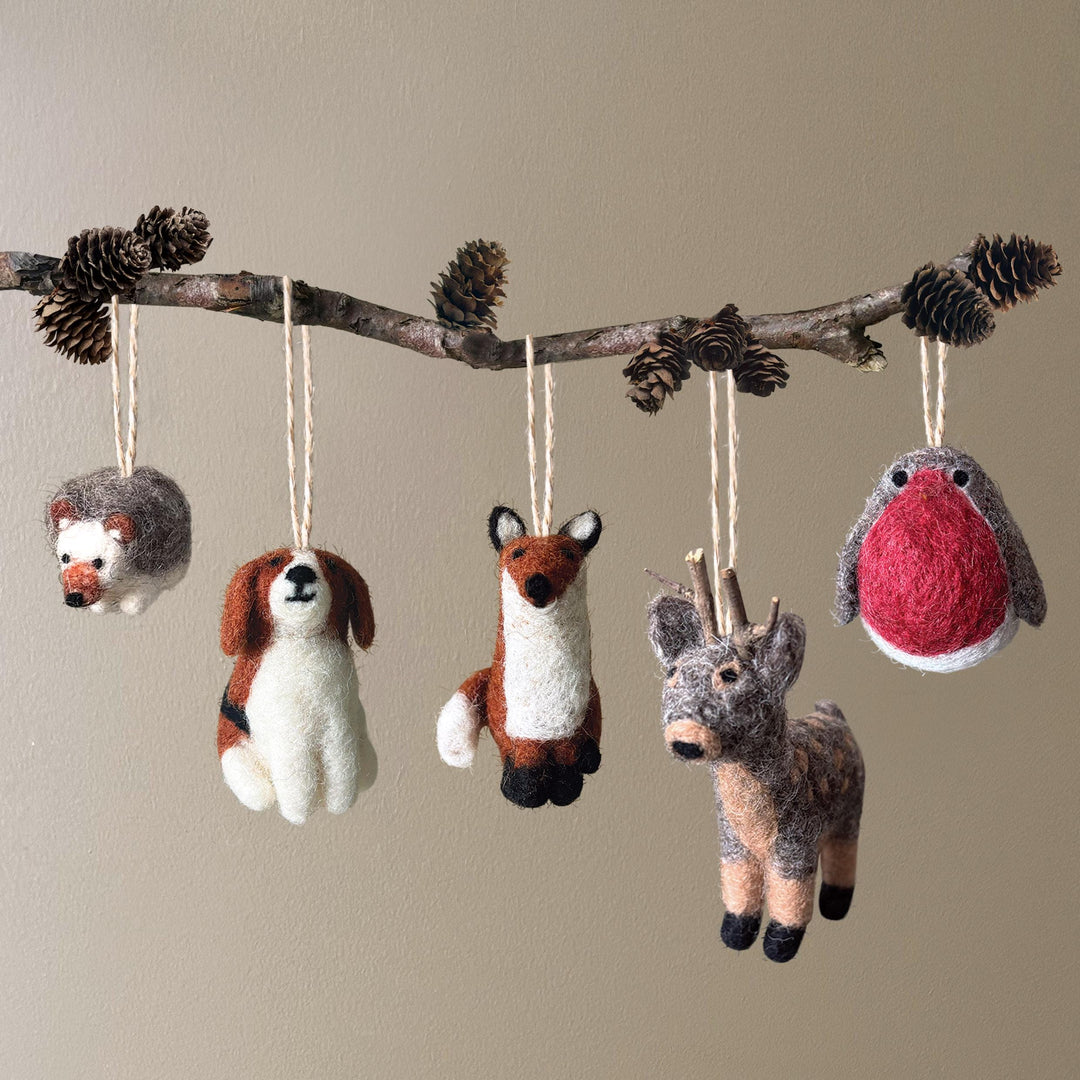 Needle Felted Christmas Reindeer - Wool Reindeer Tree Decoration - Christmas Tree Decorations - Grey & Brown Wool Felt Reindeer - Jolie Fete UK