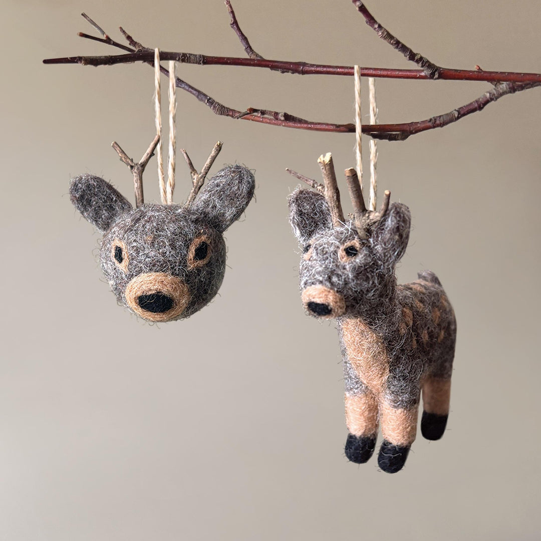 Needle Felted Christmas Reindeer - Wool Reindeer Tree Decoration - Christmas Tree Decorations - Grey & Brown Wool Felt Reindeer - Jolie Fete UK