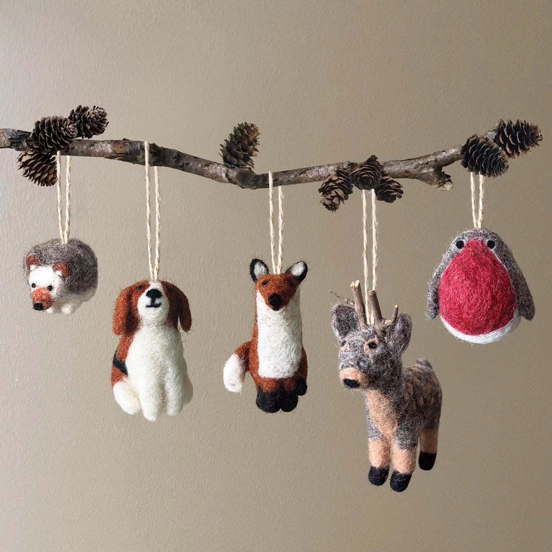 Needle Felted Christmas Reindeer - Wool Reindeer Tree Decoration - Christmas Tree Decorations - Grey & Brown Wool Felt Reindeer - Jolie Fete UK