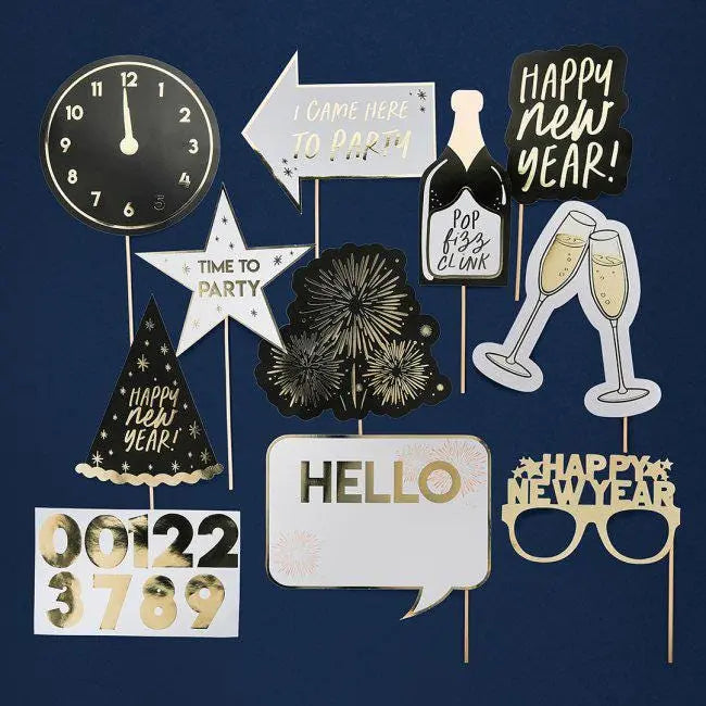 New Year Photo Props Pack of 10 - Gold Foiled NYE Party Props - New Years Eve Photo Booth Props - Countdown Party Decorations - Selfie - Jolie Fete UK