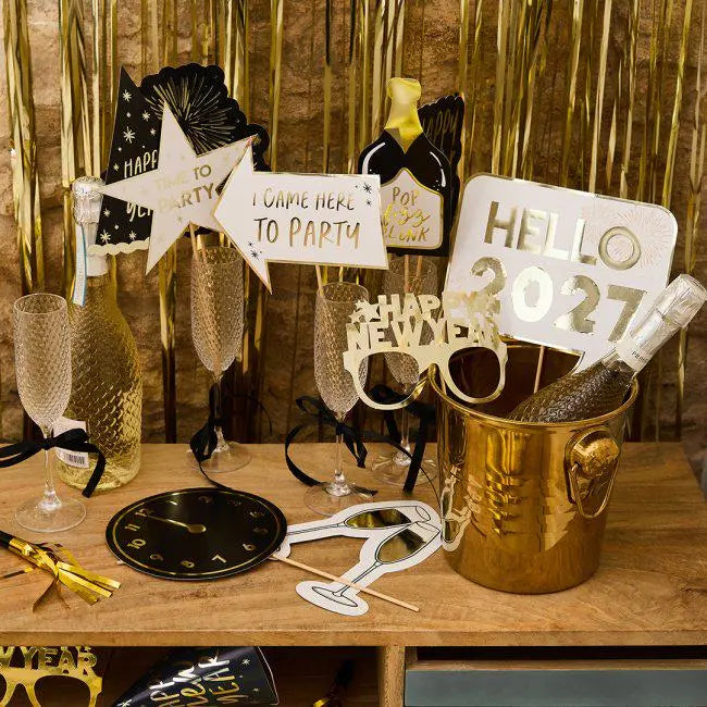 New Year Photo Props Pack of 10 - Gold Foiled NYE Party Props - New Years Eve Photo Booth Props - Countdown Party Decorations - Selfie - Jolie Fete UK