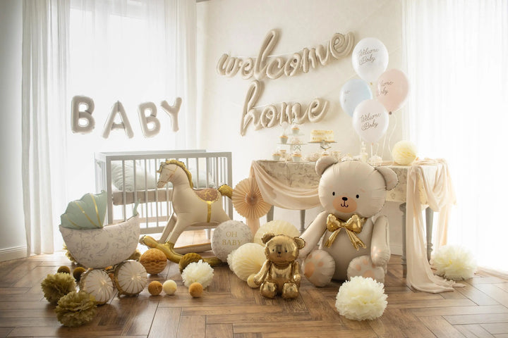 Oh Baby Balloon - Cream, Gold & Floral Round Foil Baby Shower Balloon - Air or Helium - Jolie Fete UK
