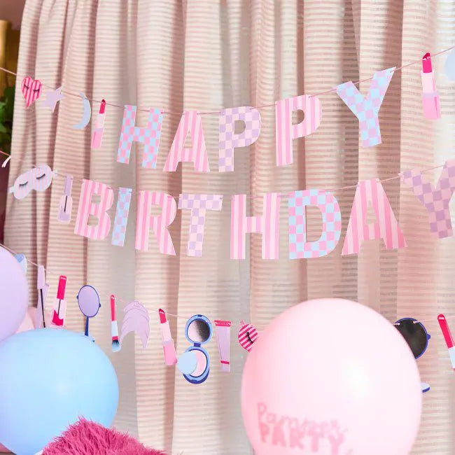 Happy Birthday Banner - Pamper Party Card Bunting - Pink & Lilac Spa Party Decoration - Birthday Garland Sign - Girls Birthday Party -2 x 2m - Jolie Fete UK