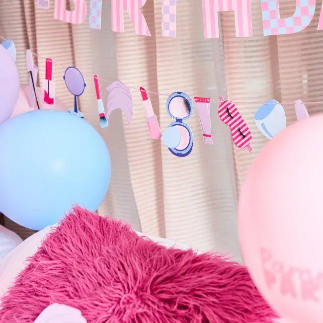 Pamper Party Card Garland - Spa Party Bunting - Pamper Party Decorations - Girls Sleepover Banner - Pink Lipsticks, Nail Varnish, brushes-2m - Jolie Fete UK